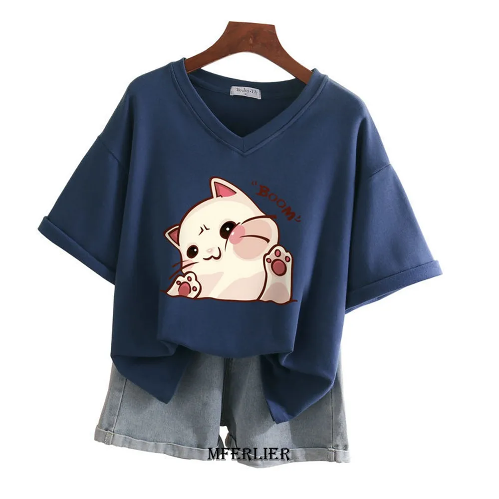 Plus Size 6XL 150kg maglietta in cotone a maniche corte per donna maglietta estiva con scollo a V T-Shirt donna Cartoon