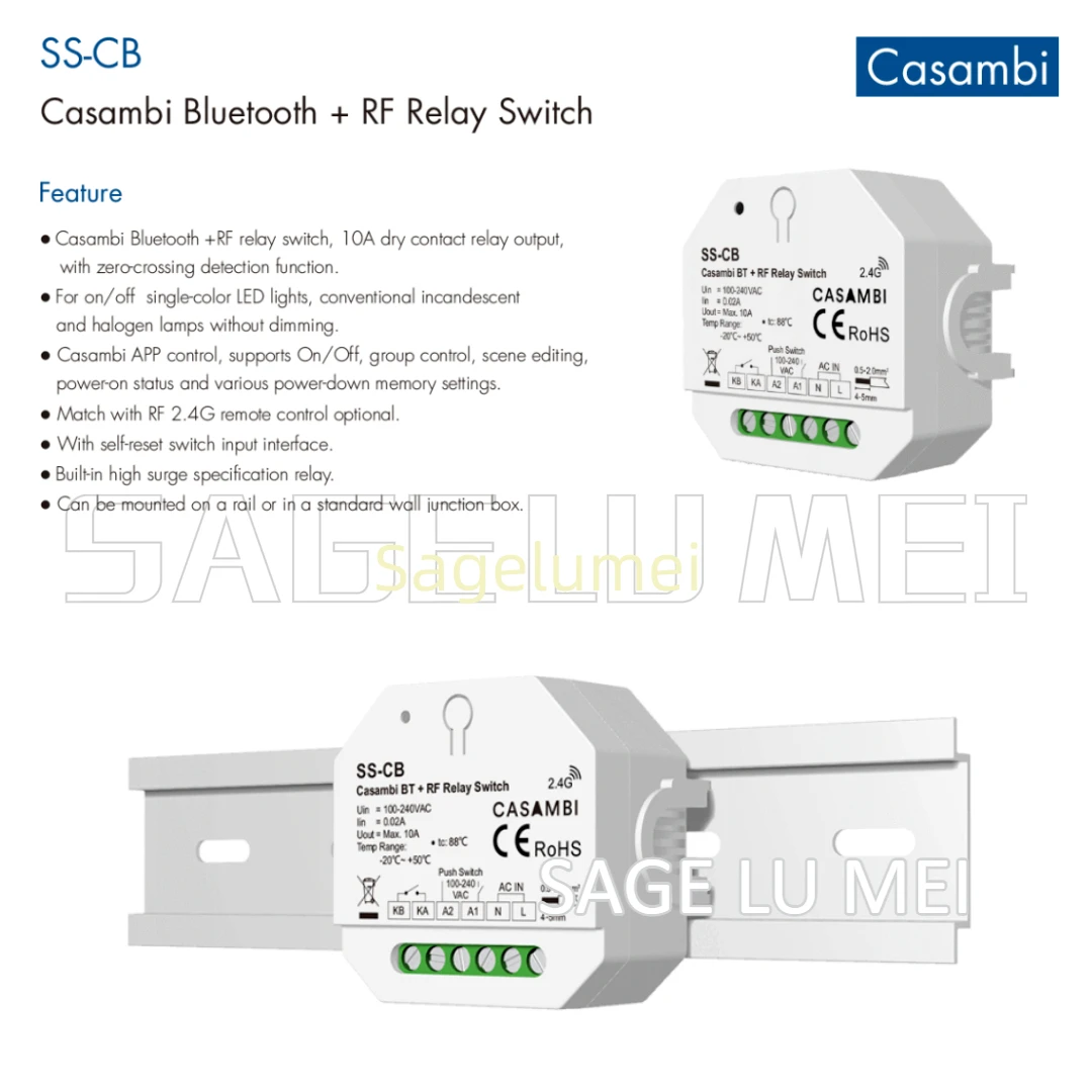

Casambi Bluetooth +RF Relay Switch SS-CB SKYDANCE NEW 100-240VAC APP Can be mounted on a rail or in a standard wall junction box