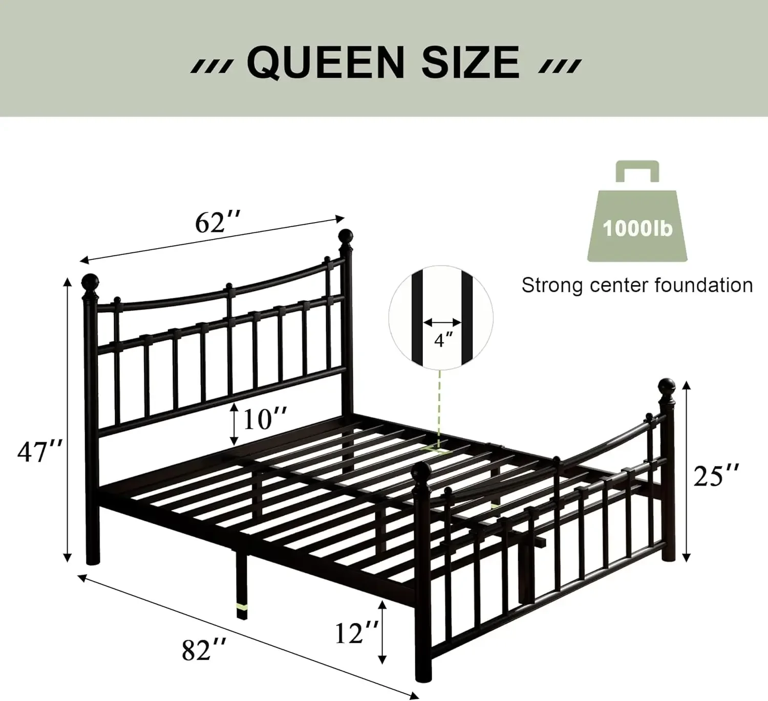 Size Metal Bed Frame with Modern Iron-Art Headboard & Footboard, Platform Bed Frame with 12