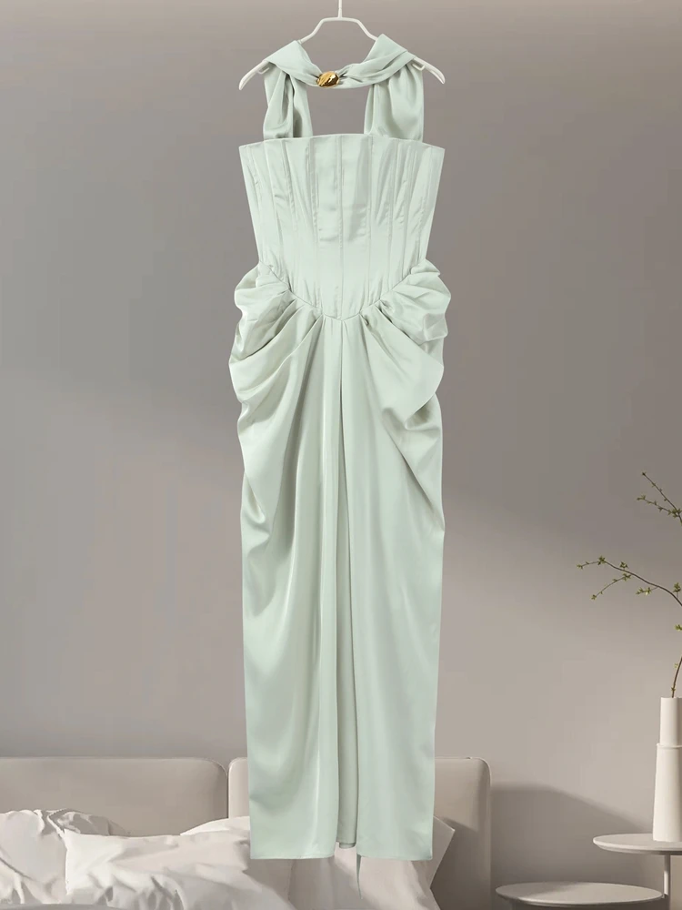 Bandage Pleated Party Maxi Dresses Women Satin Backless Scarf Sleeveless Strapless Vestido 2025 Summer Antumn Evening Club Dress