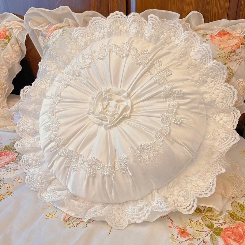

French Court Style Embroidered Pillow,White Pumpkin Shaped Cushion with Lace Edge,Light Luxury Sofa Bedroom Decoration Ornament