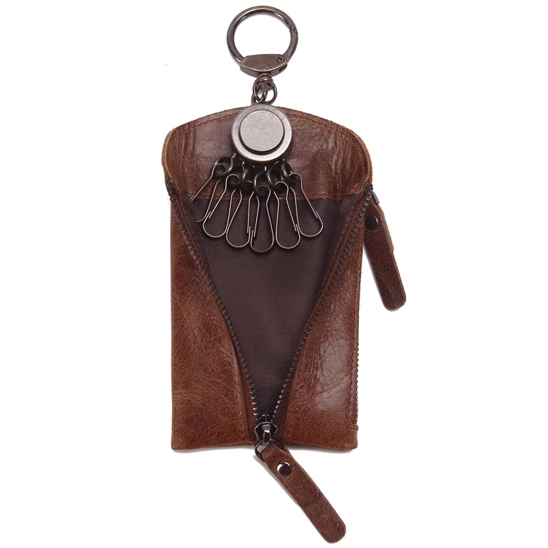 Men's Car Key Pouch Casual Soft Genuine Cow Leather Waist Hanging Zipper Lock Key Holder Bag