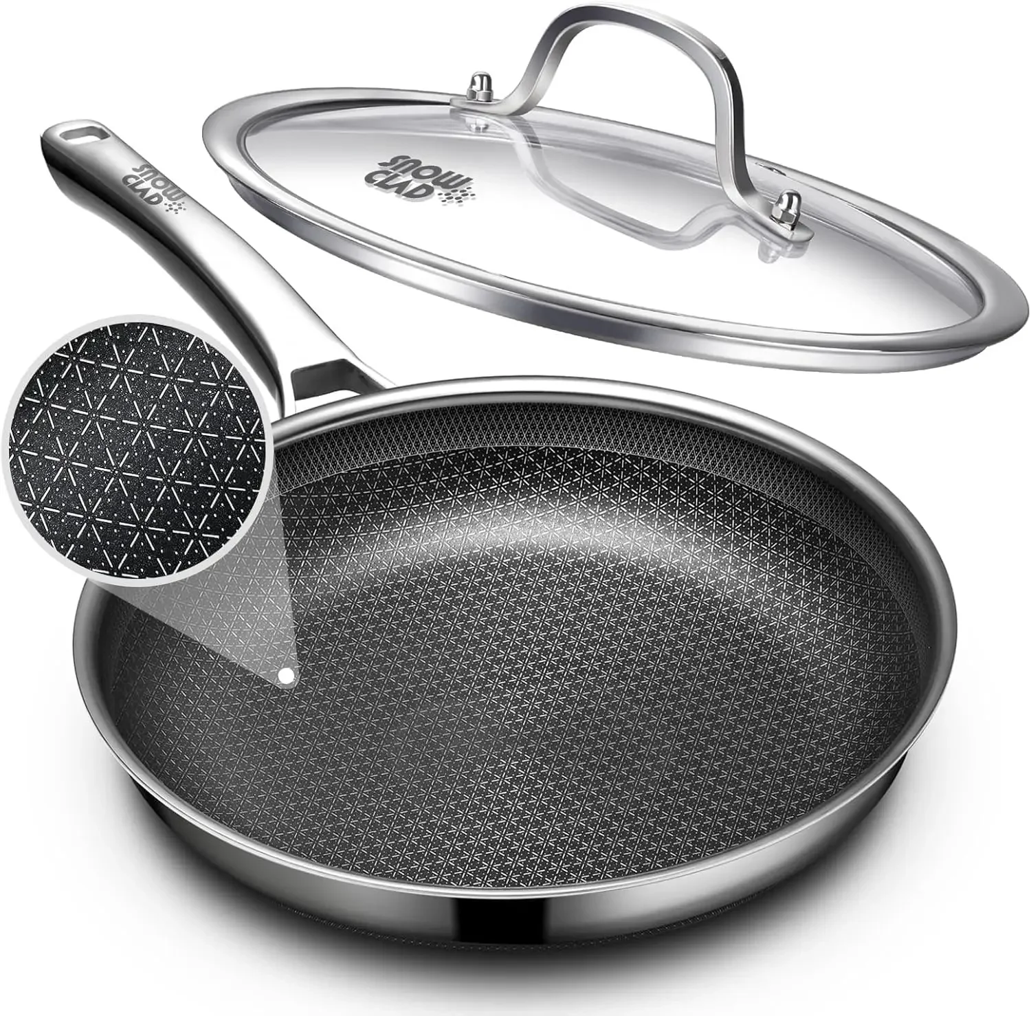 12-Inch Non-Stick Frying Pan with Lid, Hybrid Stainless Steel Skillet, Dishwasher & Oven Safe, PFOA Free Cookware