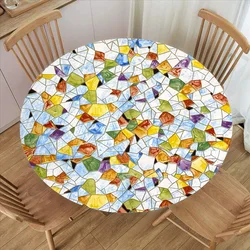 Colorful Mosaic Background Round Table Cloth Waterproof Stone Print Elastic Edge Table Protector for Kitchen Dining Room Party