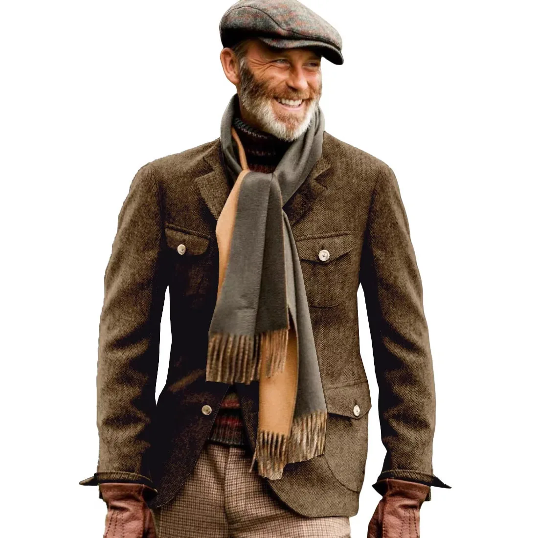 Vintage British Herringbone Sport Coats Tweed Tweed Hunting Casual Stand Collar Multiple Pockets Jacket Men's Suit Thick Blazers