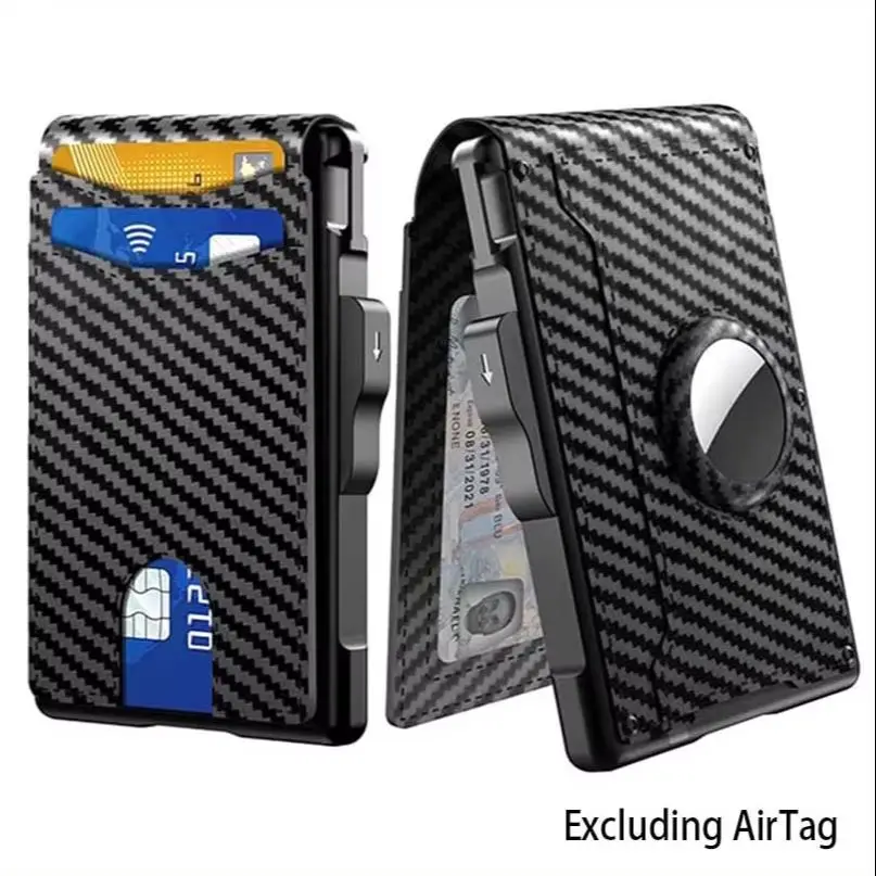 Men's Pop-Up Aluminum-Framed Carbon Fiber PU RFID Blocking Bifold Wallet with AirTag Slot Credit Card Holder Fold Design