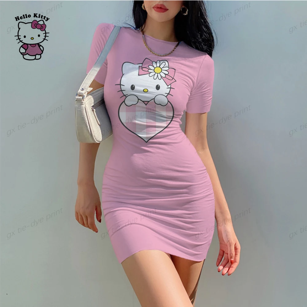 Hello Kitty 3D Print Bodycon Dress Elegant Long Sleeve Party Dresses for Ladies Sexy Tight Female Clothing Evening Plus Size 5XL