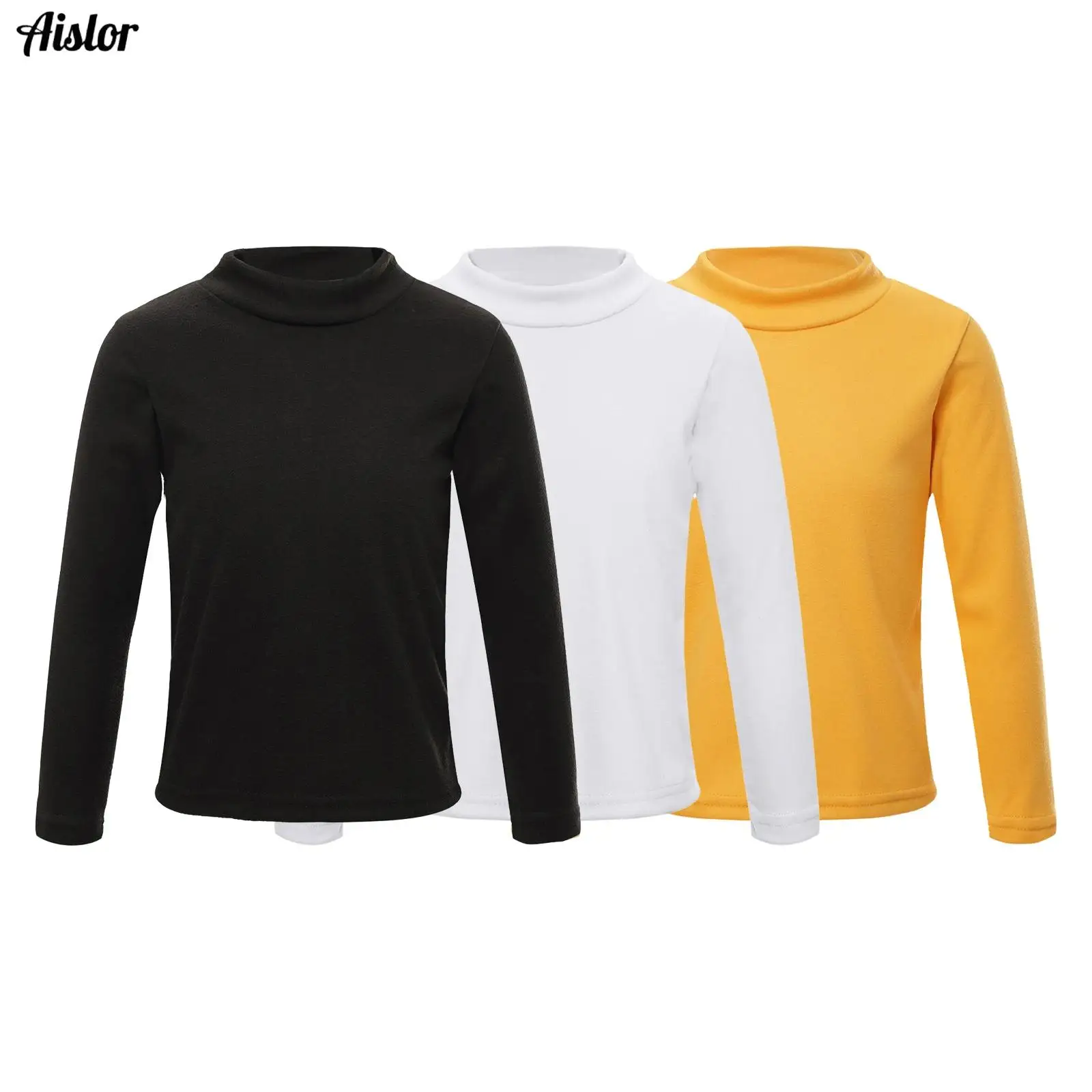 

3Pcs Kids Boys Girls T-shirt Warm Undershirt Children Solid Color Long Sleeve Mock Neck Thermal Sweatshirt Homewear Nightwear