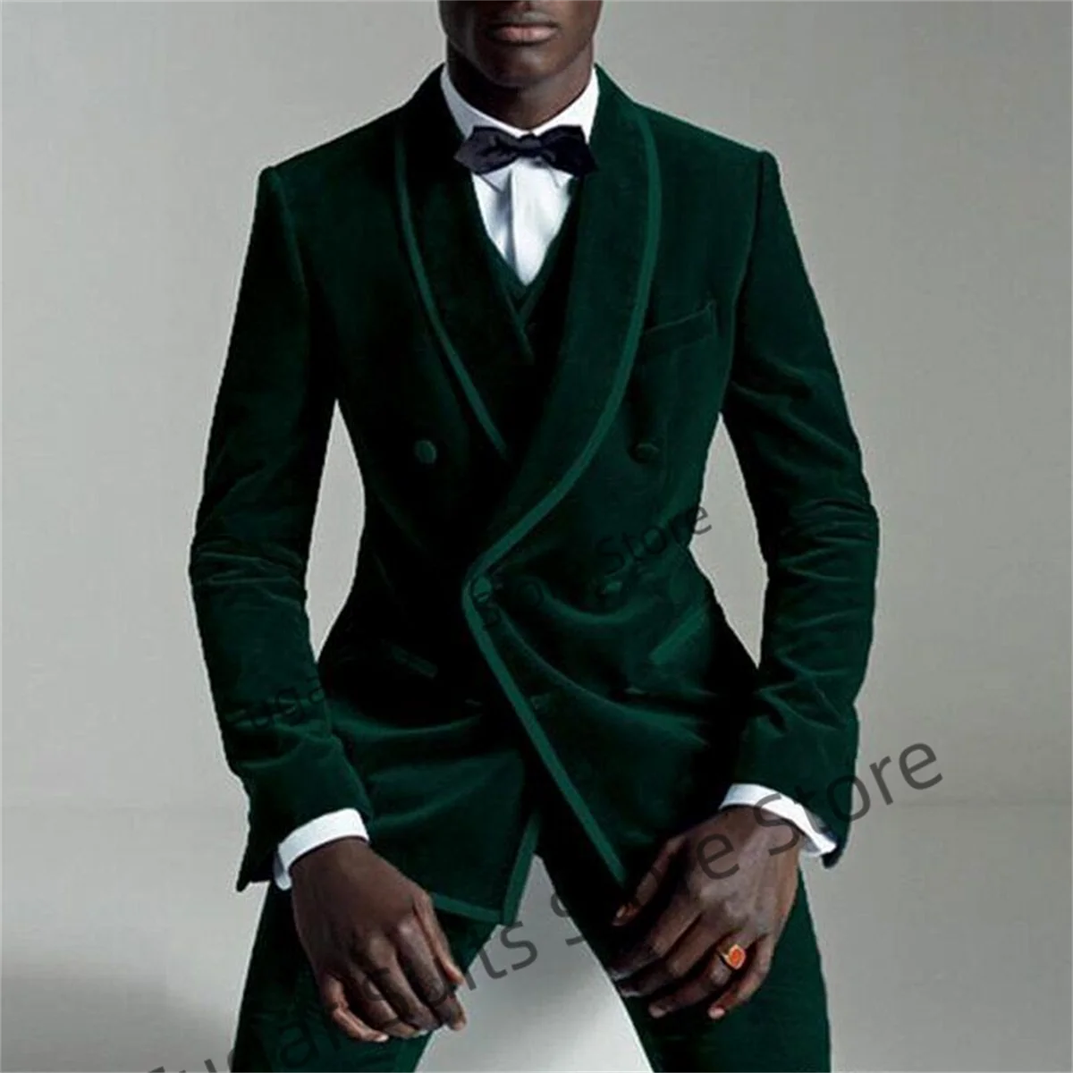 Winter Green Velvet Elegant Suits For Men Slim Fit Double-breasted Groom Tuxedos 2 Pieces Sets Casual Male Blazer Costume Homme