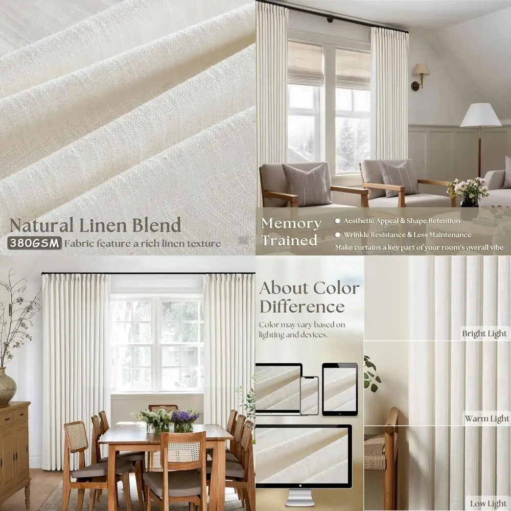 

Cream Linen Pleated Curtains, 108 Long, 2-Panel Set for Living Room, Ivory Flax, Double Pleated, Back Tab, Neutral Boho Style, F