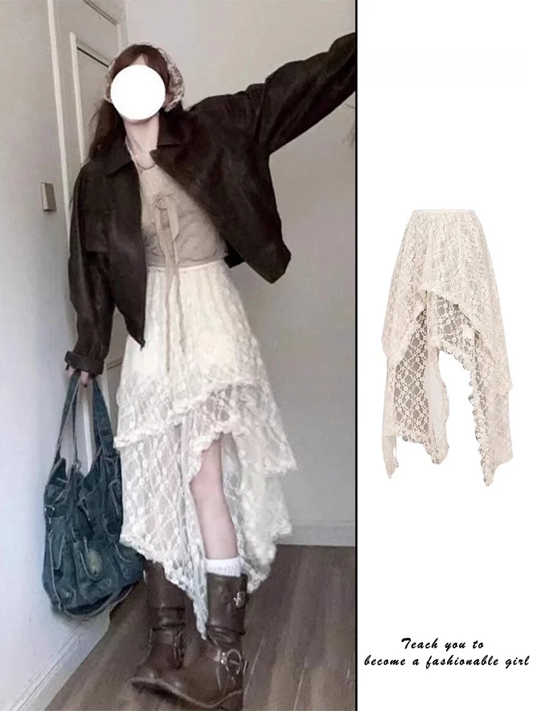 Spicy Girl Lace Overlap Irregular Half Skirt Women's Spring Autumn New Design Net Curtain Apron Mid-Length Skirt
