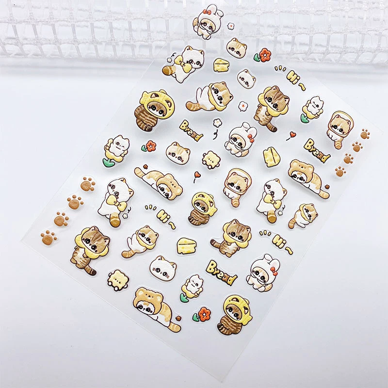 

RIZZNAIL Lovely Bunny Cats Bread Funny Nail Sticker Embossed Decals Sliders Chic Simple Self Adhesive Manicure on Nails