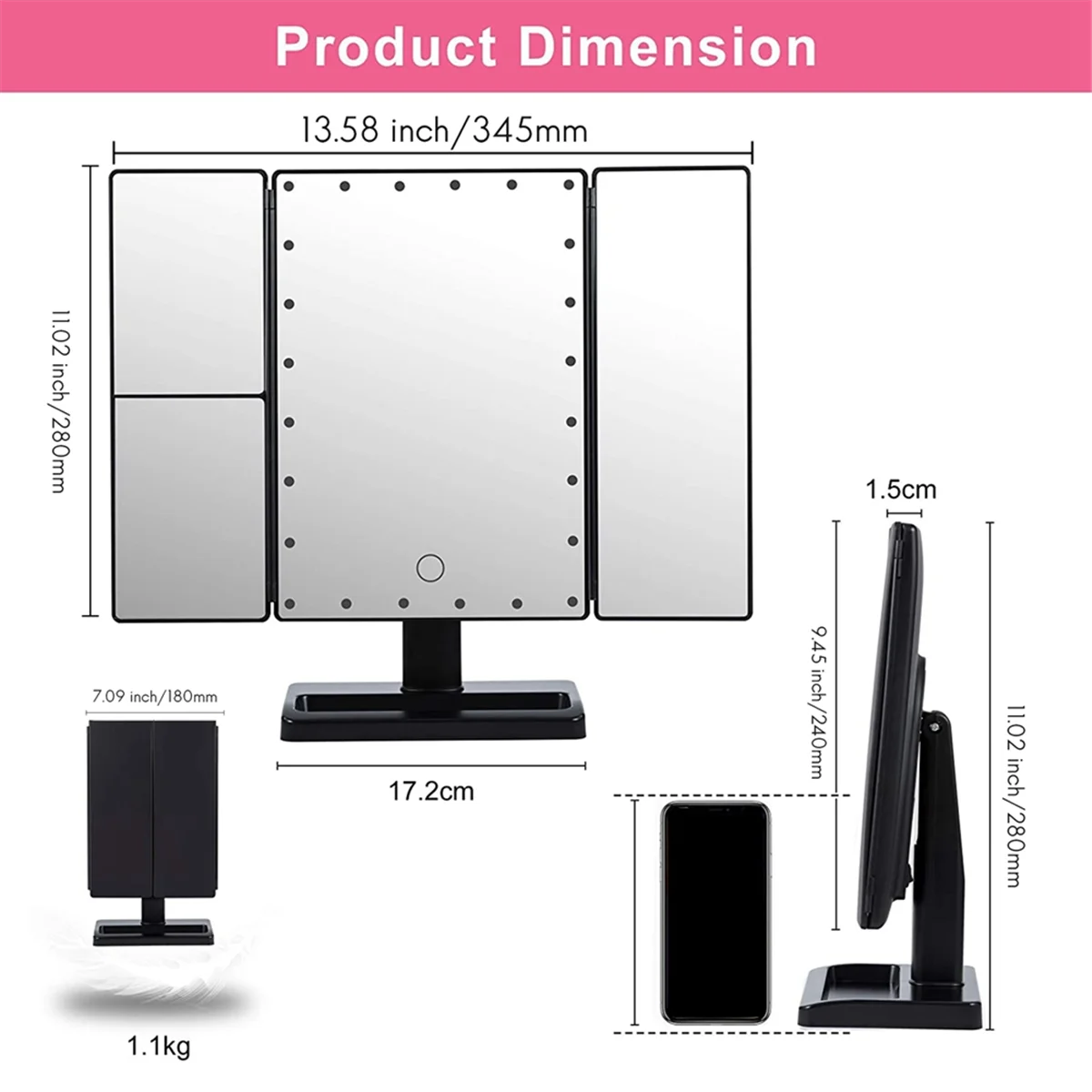 Espelho de maquiagem triplo com 22 luzes LED, ampliação 10X/3X/2X portátil dobrável iluminado mesa espelho cosmético, preto