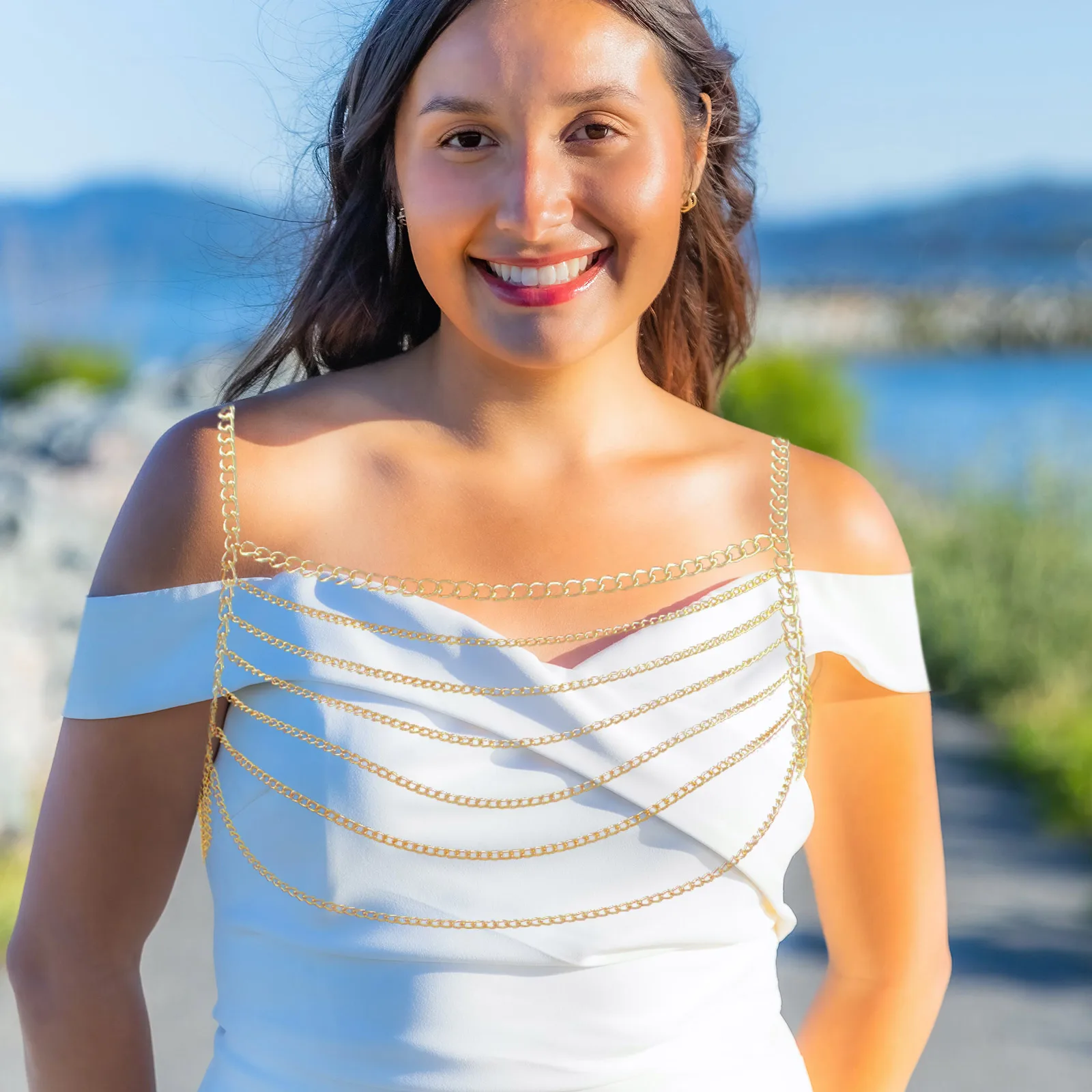 

Double Shoulder Chain Necklace Body Chest Women Beach Party Jewelry Golden Color Lightweight Comfortable Wear Occasion Body