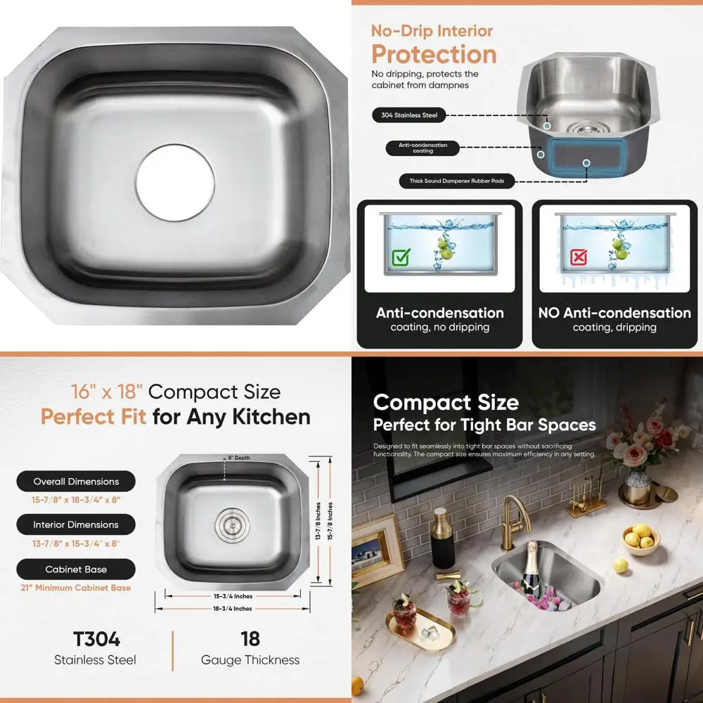 

Single Bowl 15.8 Inch Undermount Stainless Steel Kitchen Sink - 18 Gauge 304 Steel Bar Sink for Modern Cooking Spaces