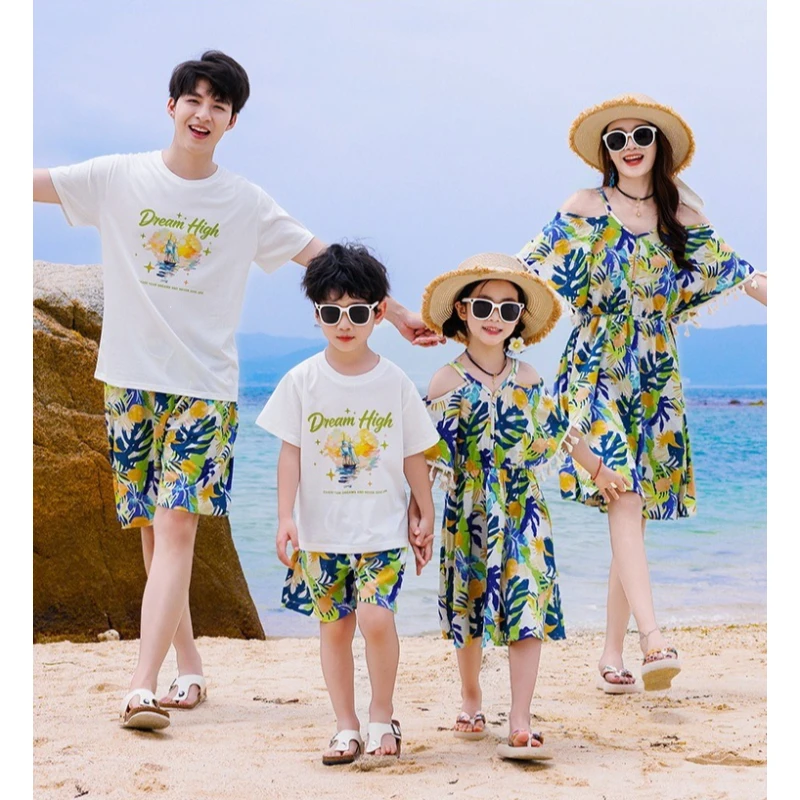 Vacation Family Matching Clothes Dad Son Two Piece Sets Mom Daughter Off Shoulder Tassel Dress Couple Beach Parent Child Outfit