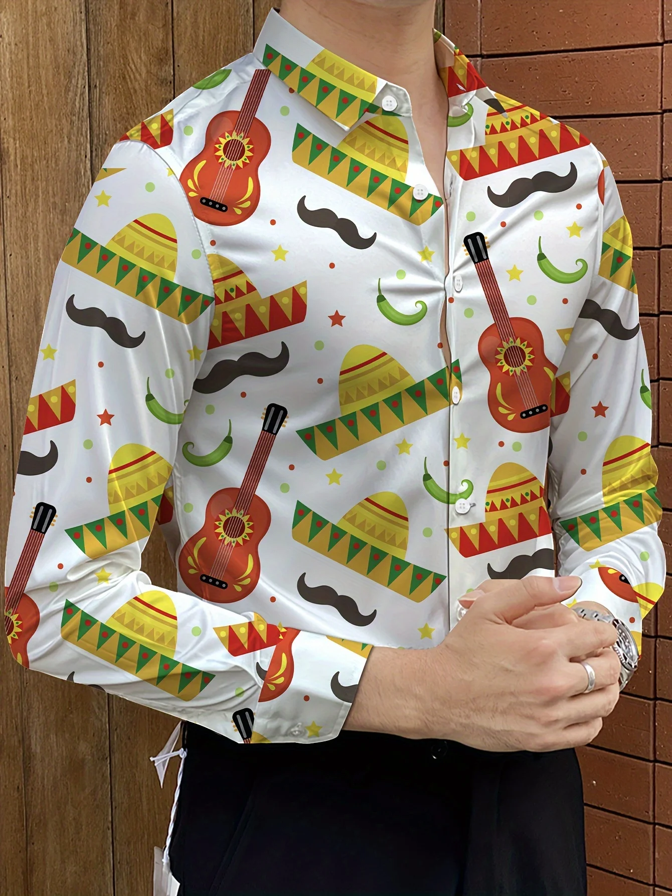 Men'S Stylish Long Sleeve Button-Up Shirt - Abstract Art Print, Black & Beige, Regular Fit, Classic Collar, Perfect for Casual
