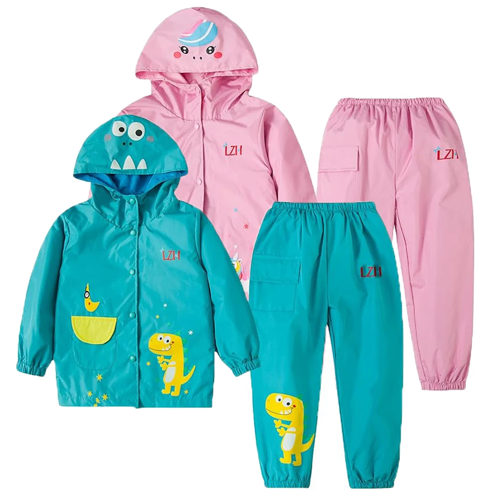 Spring Unicorn Waterproof Clothes Long Sleeve Boy Girls Outfits Hoodie Coat+Pants Sets Raincoat Children Clothing 2 4 6 Years