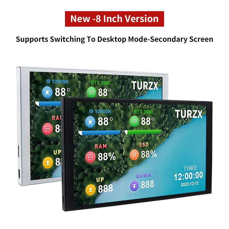 Layar Pintar USB IPS 8 Inci Baru TURZX 1280X800 Layar Sekunder Diperpanjang Desktop CPU GPU RAM Monitor Komputer untuk Windows 10 11