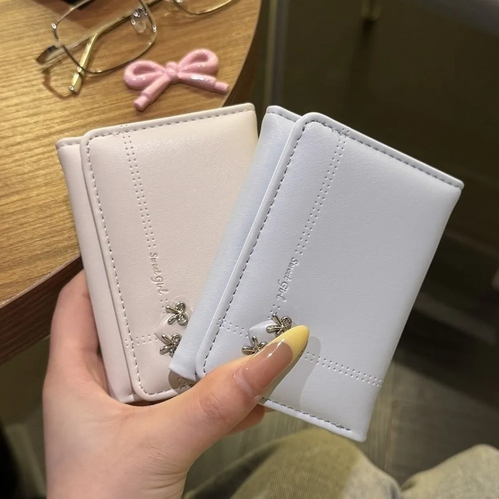 Sweet Large Capacity Love Bow Wallet Multi-card Slot PU Leather Tri-fold Short Wallet Foldable Compact Card Holder Gift