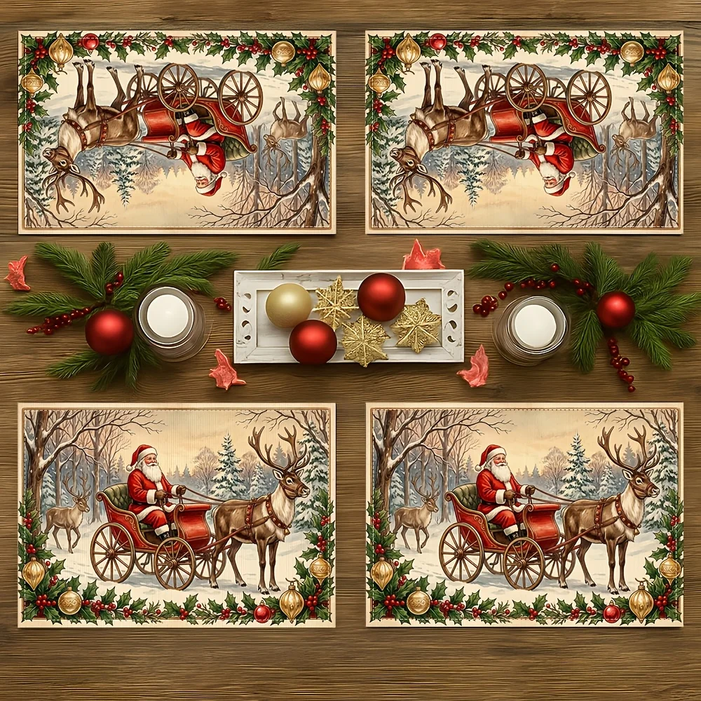 Vintage Santa Riding Sleigh Pulled By Reindeer With Holly And Gold Ornament Border Linen Placemat For Christmas Table Display
