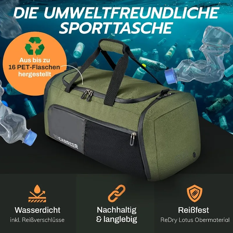 Sporttasche [RECYCELTES PET] 50L – Sporttasche und Rucksack in Einem – wasserdichte Trainingstasche für Herren und Damen – Sportrucksack wasserdicht mit Schuhfach Fitness, Reisetasche Groß