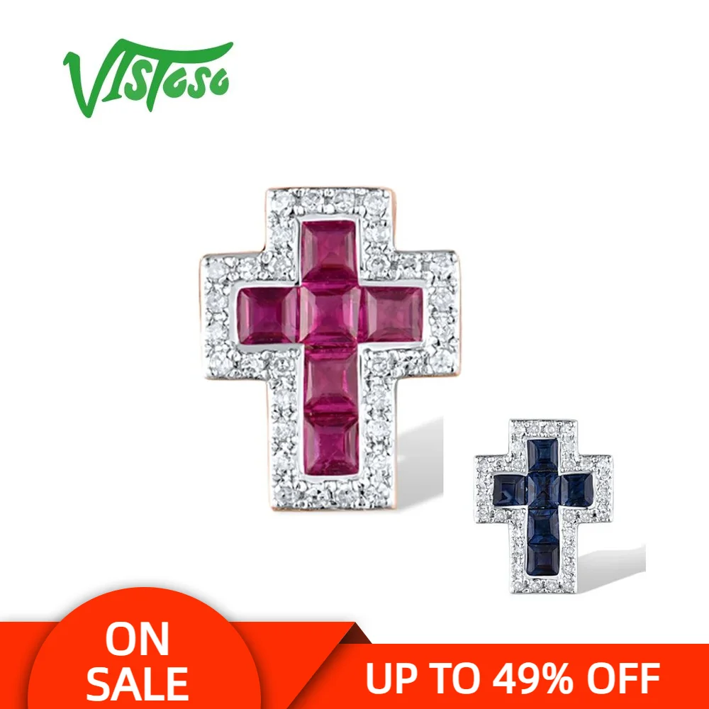 

VISTOSO настоящий кулон из розового золота 14 карат 585, розовое золото для женщин, сверкающий бриллиант, рубиновый синий сапфир, классический крест, свадебные ювелирные украшения