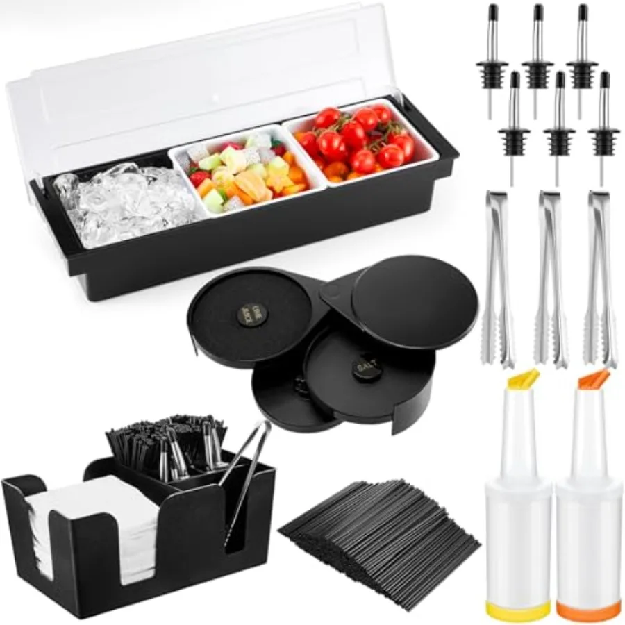

Bartending Supplies Garnish Tray with Lid Bar Caddy 3 Tier Glass Rimmer 12 Stainless Steel Bottle Pourers 2 Juice Pour Bottle 1