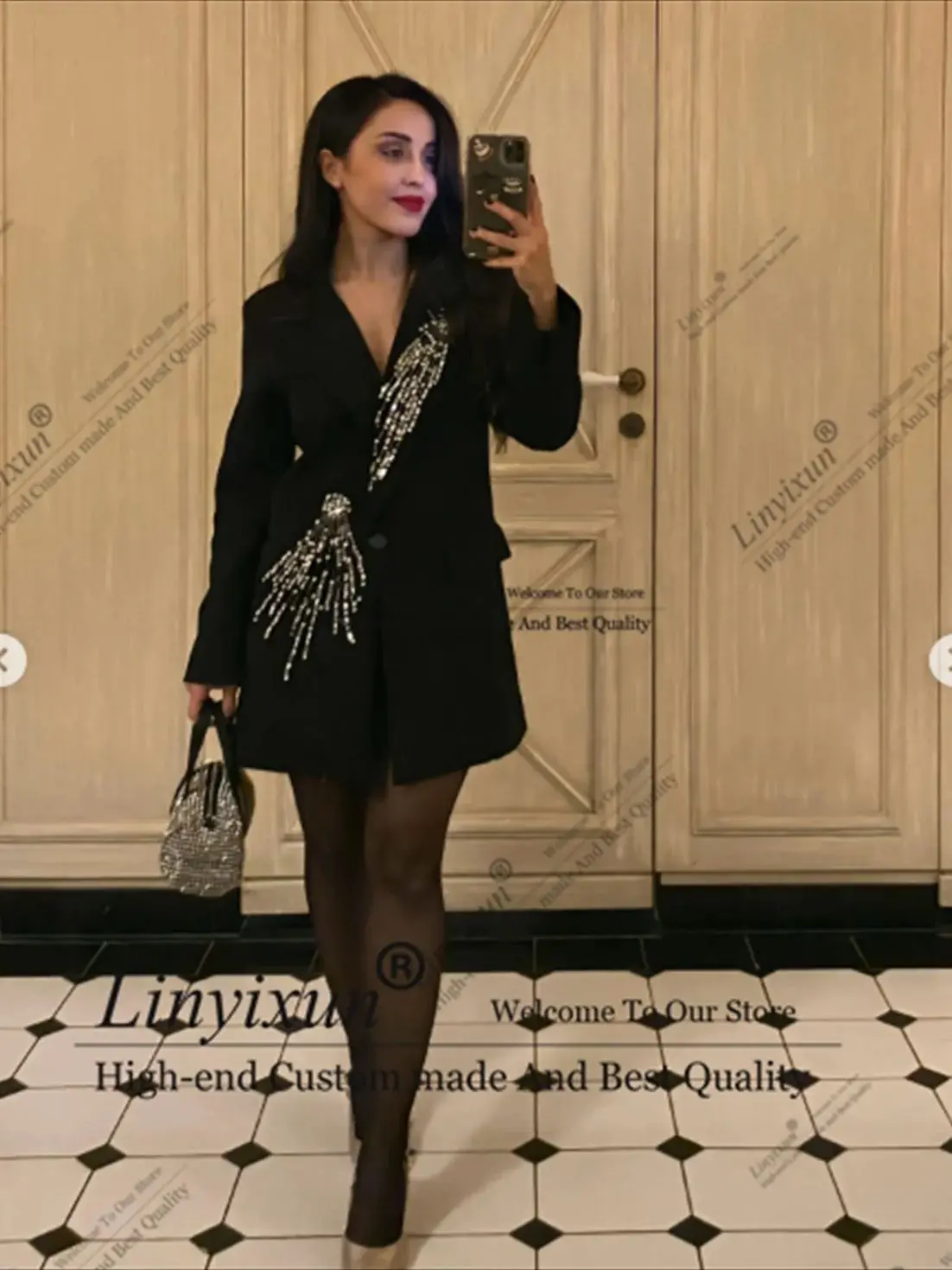 Fashion Pearl Suit for Women Single Breasted 2 Piece Jacket Shorts Blazer Set Slim Fit Office Lady Female Clothing Prom Bla