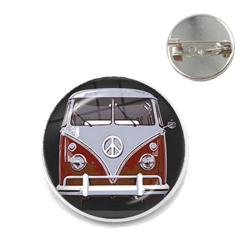 New Design Peace Sign Van Bus Brooch Pin Fashion Silver Color Glass Cabochon Hippie Car Badge Brooches Collar Pins For Women