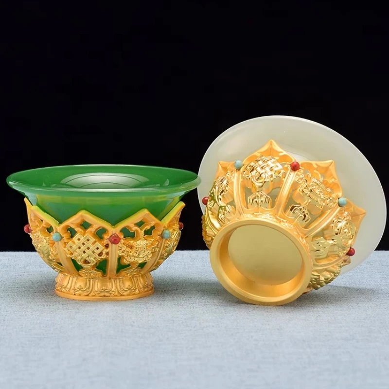 Golden Tibetan Bowl Alloy, Tantric Holy Water Cup, Engraved Inlaid Gem Buddhist Green Stone Bowl, Desktop Decorative , 8.5 cm