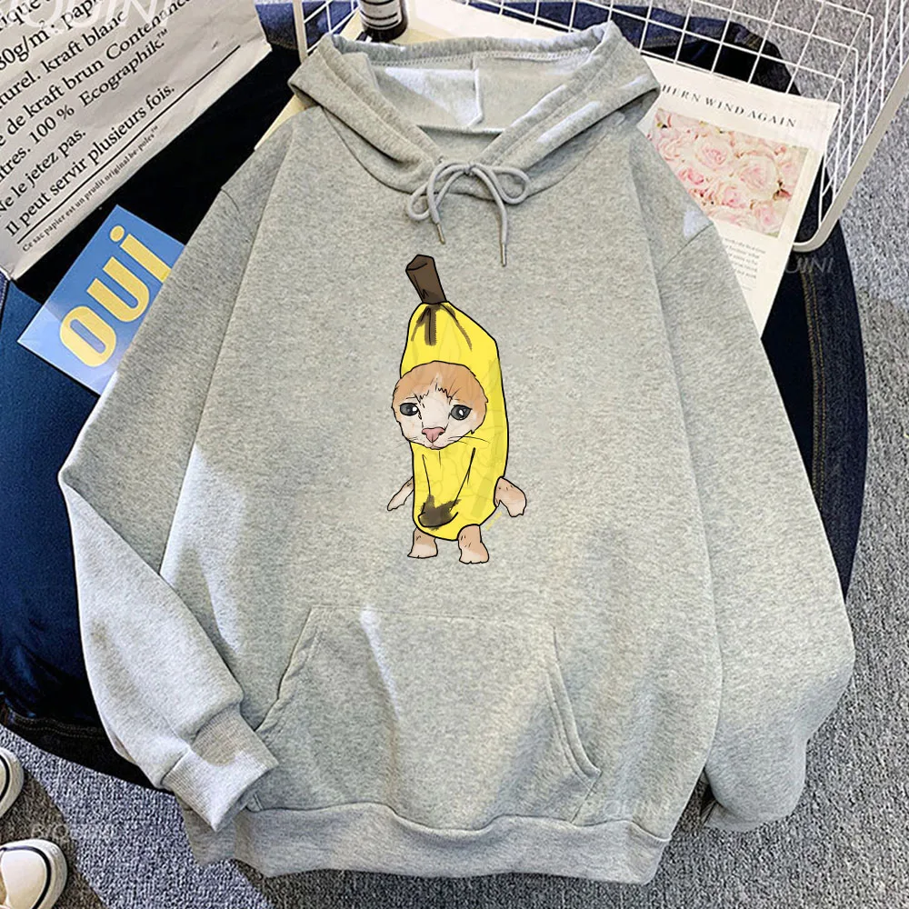 Banana Cat Cute Cartoon Plus Velluto Kanye Felpe da uomo in pile oversize con cappuccio Pullover unisex Abiti Harajuku