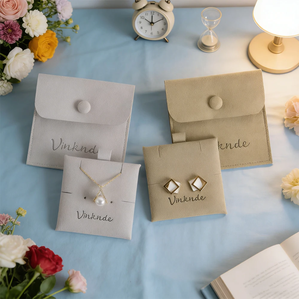 

Microfiber Button Jewelry Pouch Custom Logo Velvet Necklace Earrings Rings Sanp Packagings Bags With Insert Card Wedding Gift