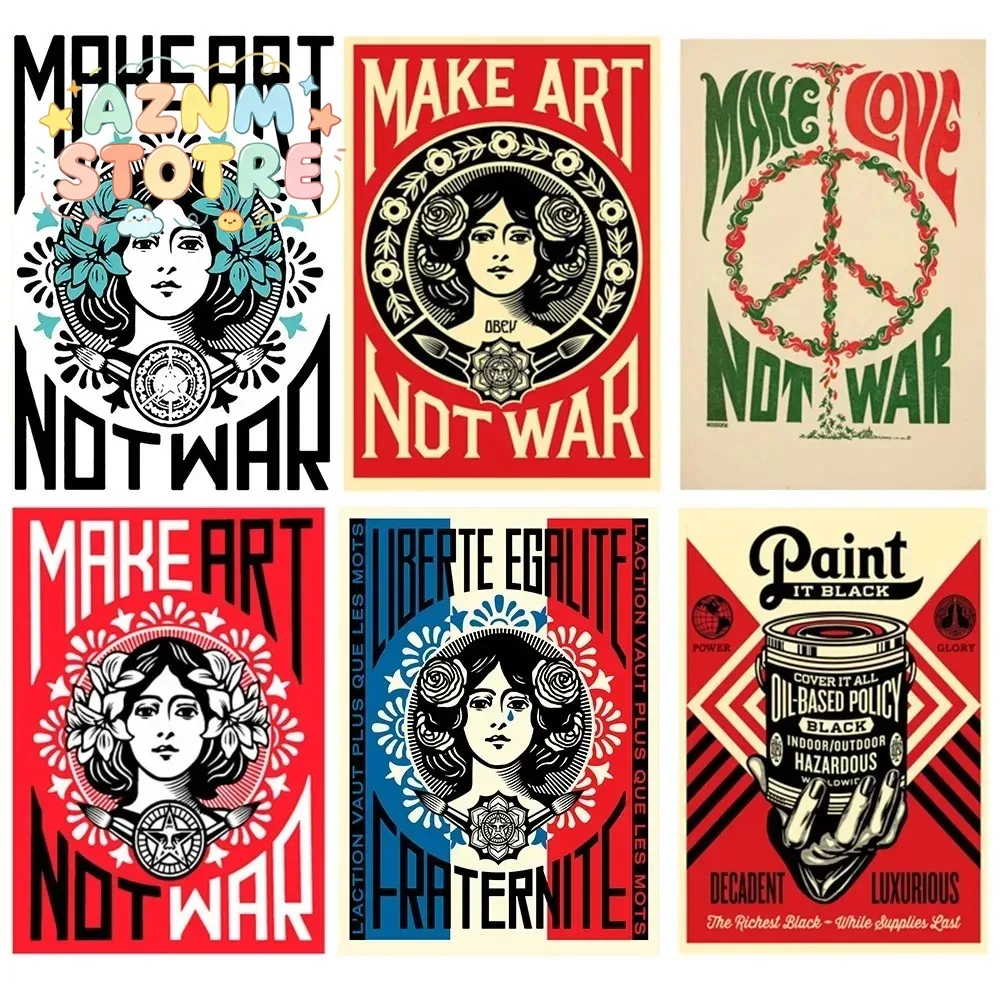 Retro Make Art Not War Wall Art Prints Canvas Painting Shepard Fairey Vintage Poster Wall Picture for Room Interior Decor