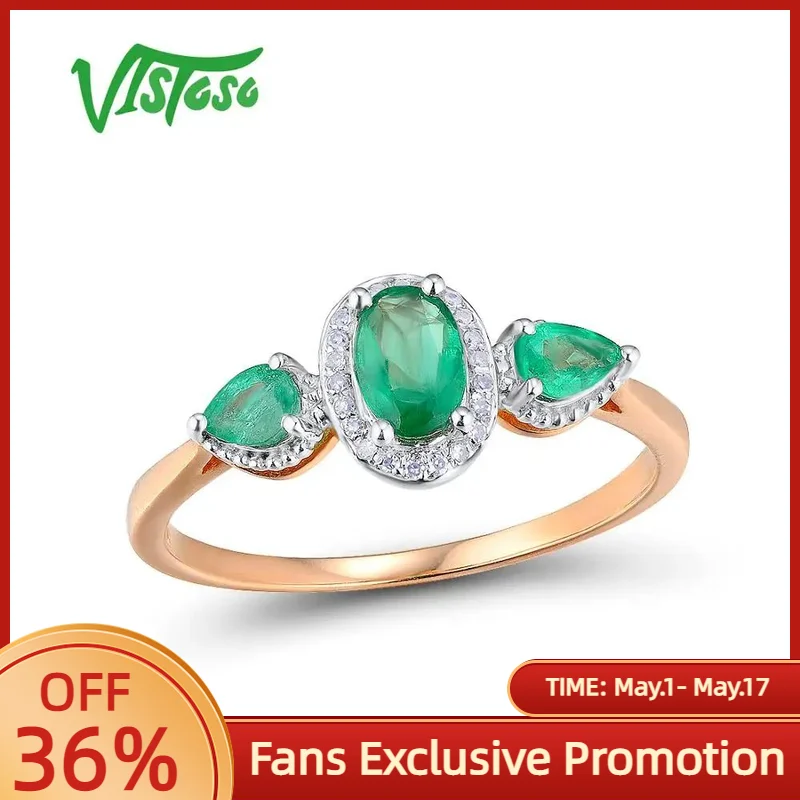 

VISTOSO Gold Rings For Women Genuine 14K 585 Rose Gold Ring Magic Emerald Sparkling Diamond Engagement Anniversary Fine Jewelry