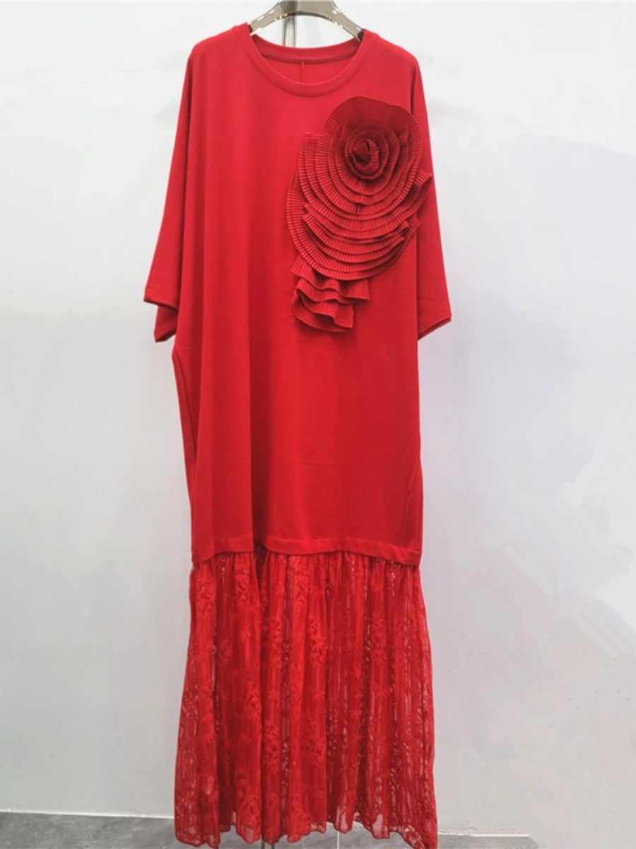 Galcaur sólido emendado 3d flor vestido feminino o pescoço manga longa solto design temperamento vestidos femininos estilo de moda verão