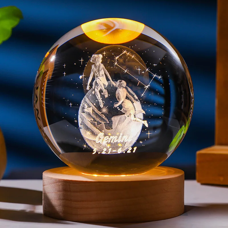 3D Constellation Crystal Ball Night Light Laser Engraved Birthday Gift Glass Sphere Home Desktop Decoration with Wooden USB Base