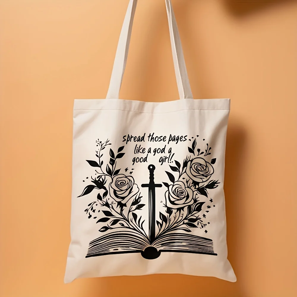 1pc,Dark Academia Bookish Tote Bag, Floral Sword Open Book Print Reusable Shoulder Bag, Aesthetic Grocery Bag for Fantasy Reader