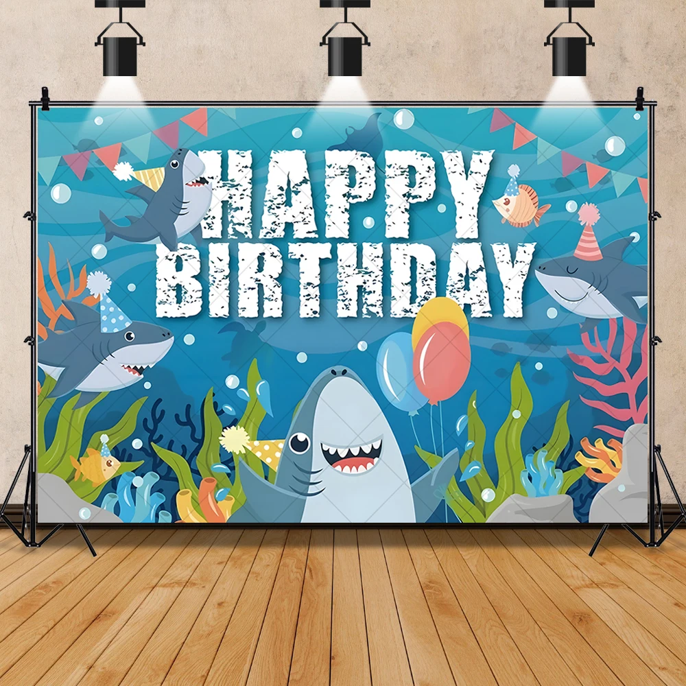 Toile de fond de bande dessinée personnalisée pour chambre d'enfant, affiche photo, décor, mignon, petit requin, méduse, poisson, bannière de fête d'anniversaire, cadeau pour enfants