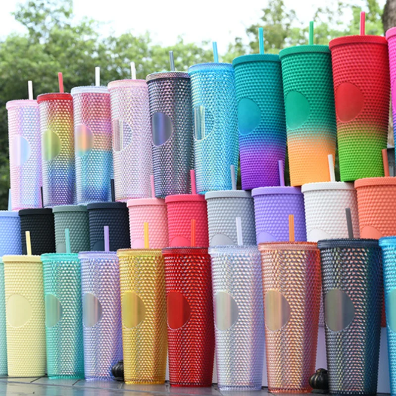 710Ml Diamond Straw Cup Plastic Matte Tumbler Double Wall Durian Thorn Cup with Lid Water Bottle Coffe Cup Easy To Carry