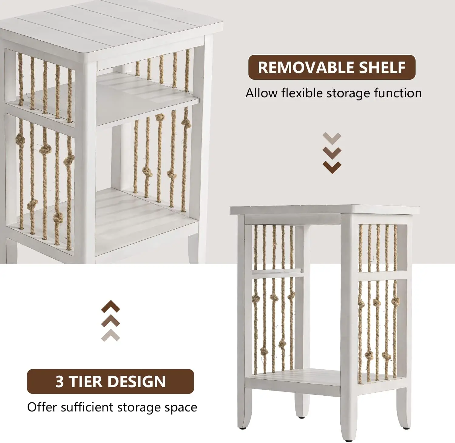 Mesa de cabeceira rústica de 3 camadas, mesa lateral de mdf com decoração de corda de cânhamo, mesa de destaque de madeira com 2 prateleiras abertas