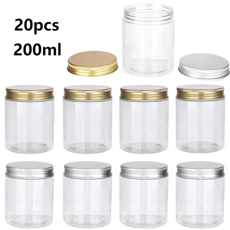 20szt 200ml Puste plastikowe słoiki PET Przezroczysty słoik Kosmetyczny pojemnik na krem do twarzy Orzechy Cukierki Ziarno Słoik do przechowywania Domowe artykuły kuchenne