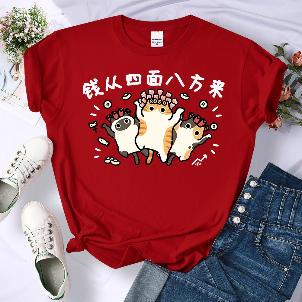 Money Comes From All Directions Lucky Cat Printing T-Shirt Women Summer All-Match T Shirts Trendy Crewneck Top Loose Streetwear