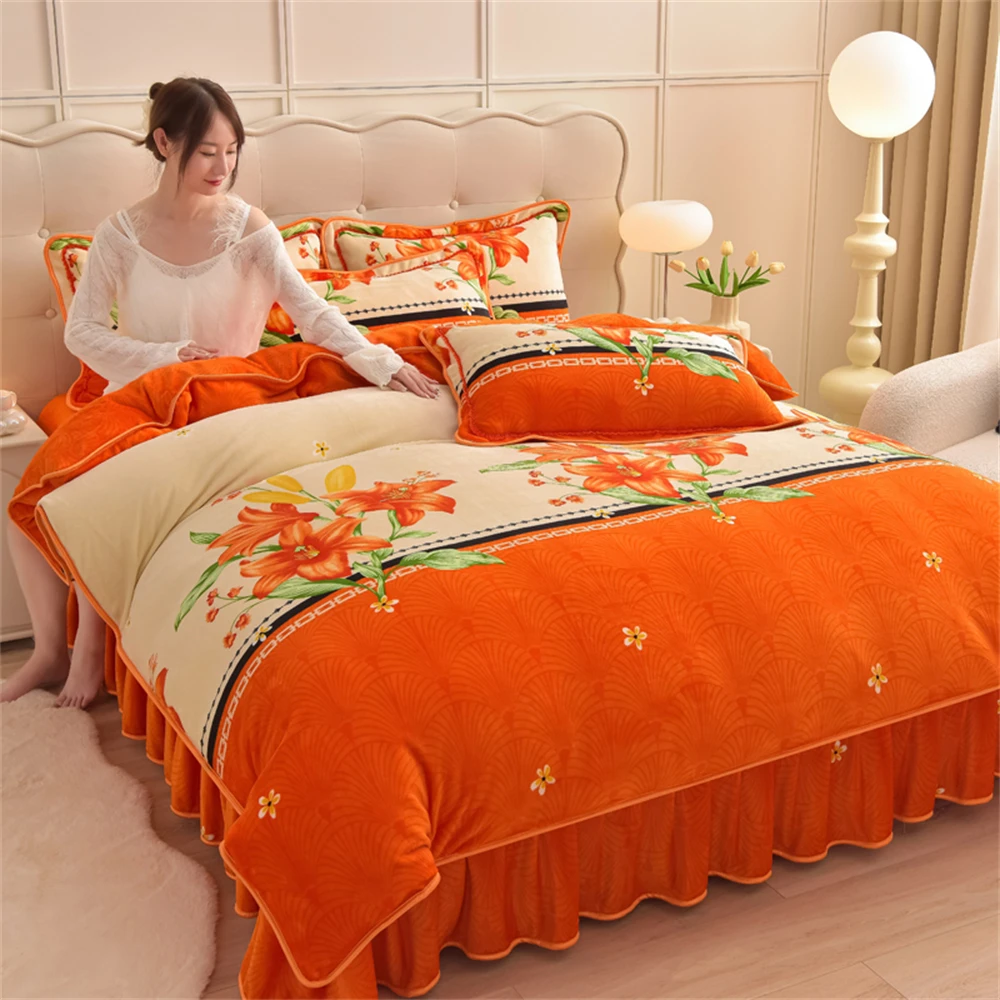 

Winter Warm Bedding Set Milk Velvet 4PCS Thickened Quilt Cover Pillowcase Bed Sheet Bedroom Decor Flower Pattern Duvet Cover Set