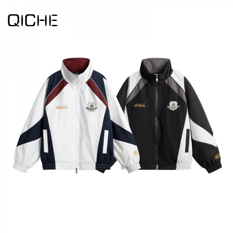 QICHE 2026 Unisex American Vintage Letter Embroidery Color Block Stand Collar Puffer Jacket, Couple Zip Up Streetwear Coat
