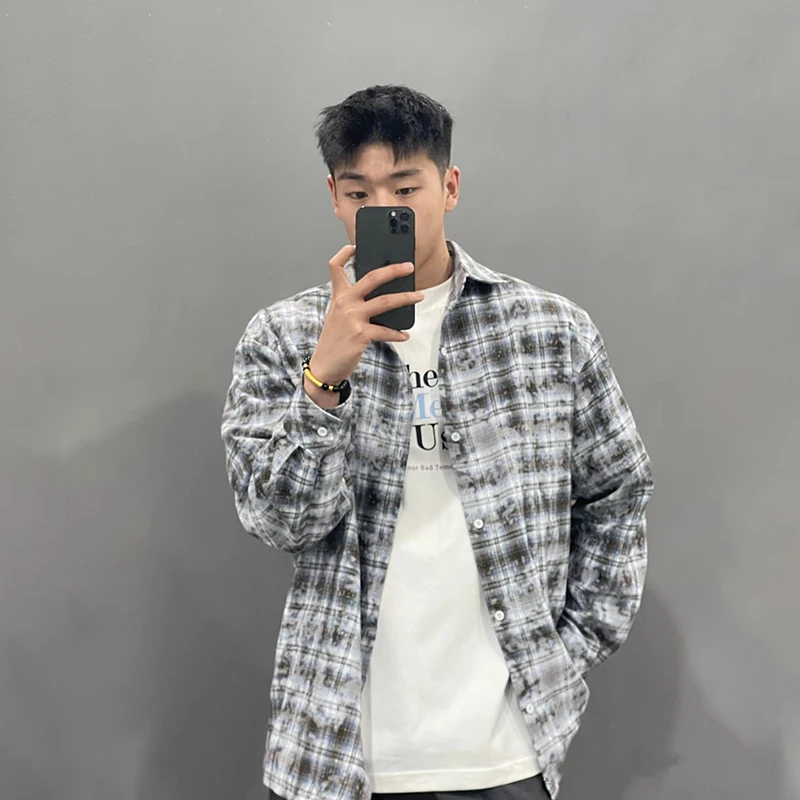 

Gray Tie-Dye Plaid Men's Long Sleeve Shirt Inner Wear Autumn Winter High Sensation Cleanfit Shirt Jacket Loose Fit Youth Trend