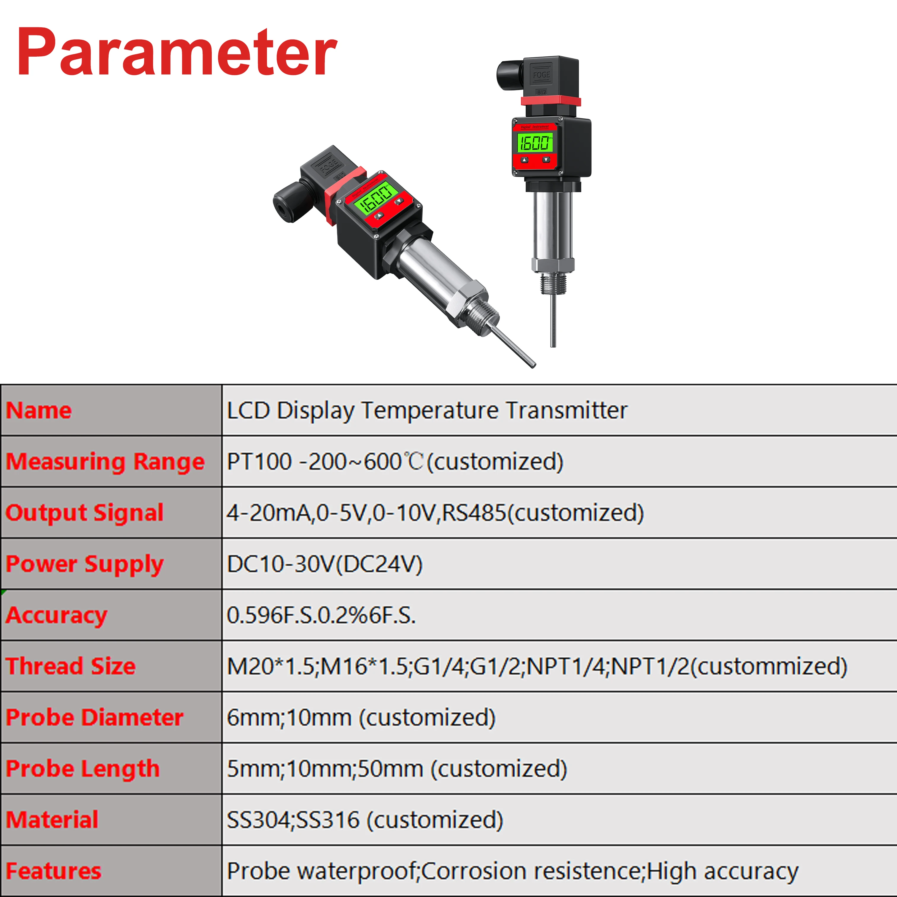 LCDディスプレイ温度伝送器 PT100センサー 4-20mA出力 24VDC プラグイン温度プローブタイプ RTD温度トランスデューサ