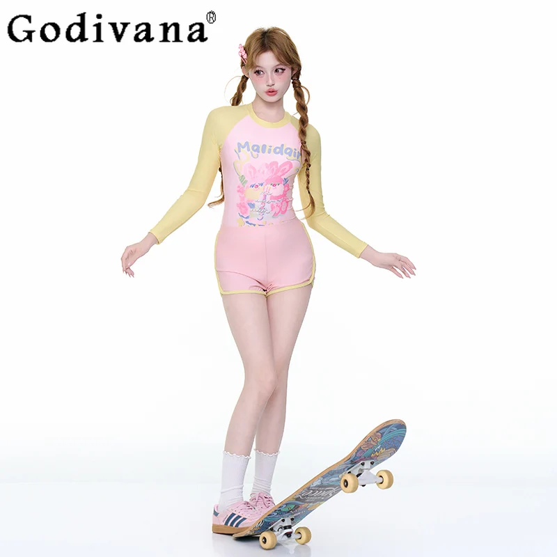 

Summer New Girls Y2K Printed One-Piece Swimsuit Women's Sports Swimwear Student Kawaii Long Sleeve Swim Suits for Women 2025
