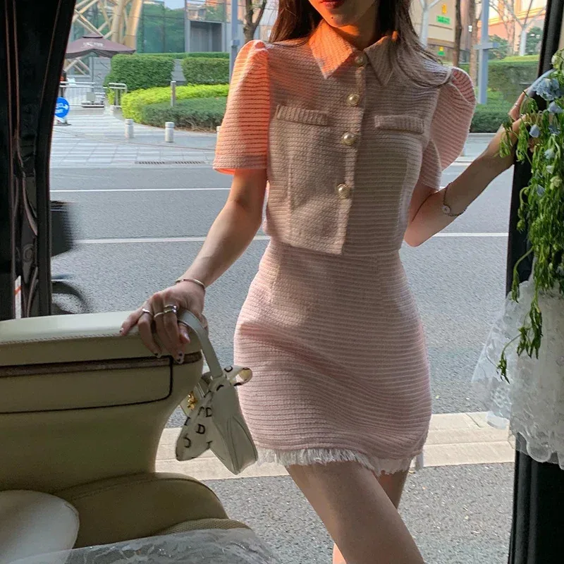 2026 Sweet Temperament Pink Puff Sleeve Lapel Coat Women Single-Breasted Short Jacket Summer Fashion Mini Skirts Matching Sets C view 3