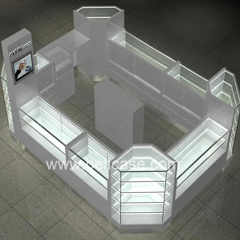 custom，Modern MDF Cell Phone Showcase Display Counter Design with LED Light Lockable Mobile Kiosk Stand for Mall